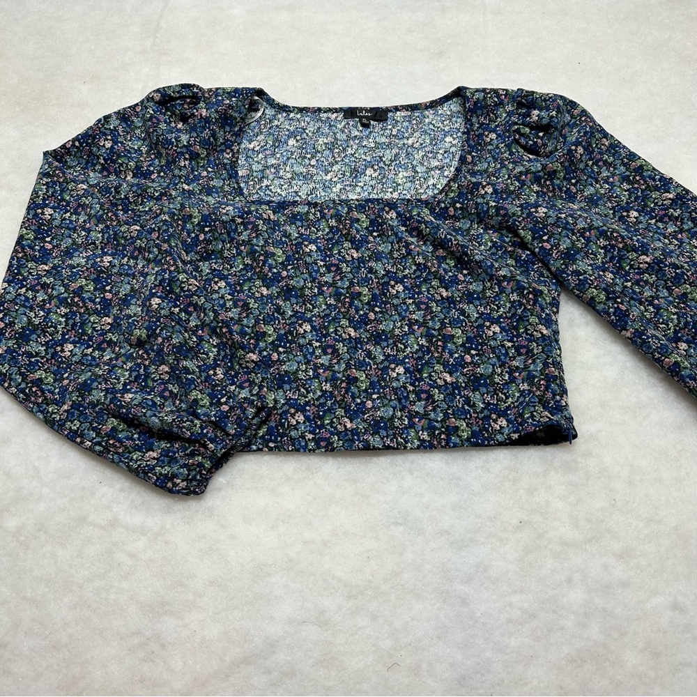 Lulus Certain Charm Blue Floral Print Corduroy Balloon Sleeve Crop Top Size XL